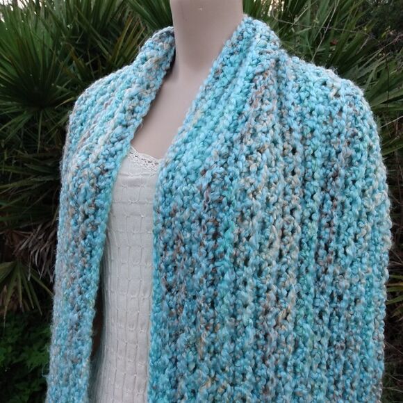 HANDMADE Absolutely Gorgeous & Soft Aqua/Tan/White X-Large Wrap w/Pockets Fringe - Picture 5 of 11